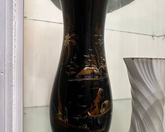 Vietnamese Black Lacquer Vase with Gilt Landscape Scene