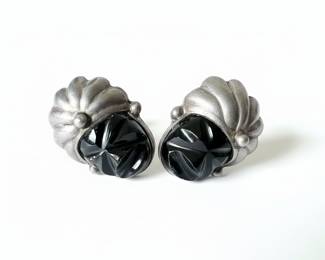 Vintage Mexican Sterling Silver & Carved Onyx "Face" Screw-Back Earrings
