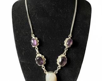 Sterling Silver Necklace with Agate and Amethyst Glass Pendants