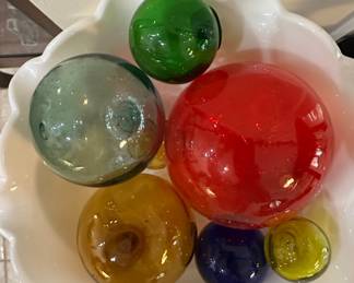 Set of Blown Glass Fishing Floats with Milk Glass Bowl