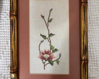 Vintage Framed Floral Cross-Stitch Art with Faux Bamboo Frame