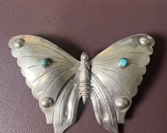 Vintage Mexican Sterling Silver Turquoise Butterfly Brooch