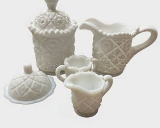 Westmoreland Milk Glass Paneled Grape Creamer, Sugar Bowl with Lid, and Pitcher Set