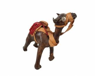 Vintage Leather Camel Figurine with Textile Saddle and Bead Embellishments