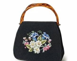 Vintage Needlepoint Handbag with Tortoiseshell Handle