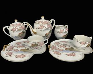 Vintage Kutani Porcelain Tea Set with Mount Fuji and Cherry Blossom Motif