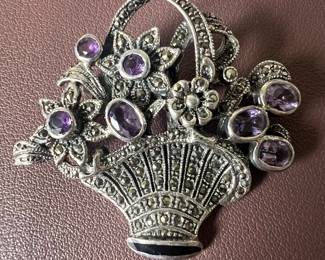 Vintage Sterling Silver Marcasite and Amethyst Flower Basket Brooch - Signed "JW"