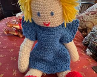 Hand-Crocheted Doll with Yellow Yarn Hair and Blue Dress