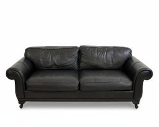 Bernhardt Black Leather Sofa with Carved Trim and Bun Feet