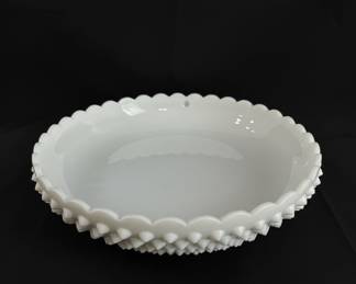 White Milk Glass Hobnail Footed Bowl with Scalloped Edge