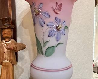 Fenton Handpainted "Pink Burmese" Vase with Floral and Butterfly Motif
