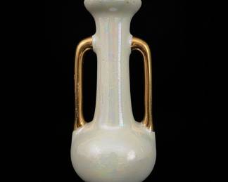Pearl China Co. Iridescent Two-Handled Vase with Gold Trim