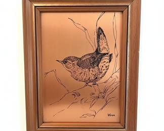 Vintage Etched Copper Wall Art of a Wren