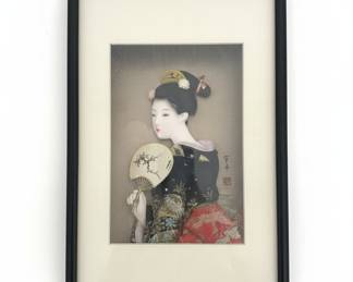 Framed Oshi-E Silk Brocade Artwork of a Geisha Holding a Fan