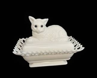 Westmoreland White Milk Glass Cat on Nest Covered Dish