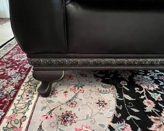 Bernhardt Black Leather Sofa with Carved Trim and Bun Feet
