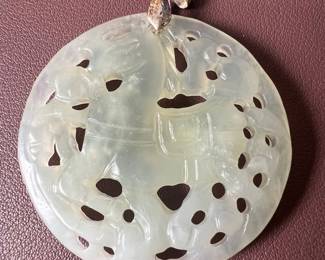 Carved White Jade Pendant with Dragon and Phoenix Motif