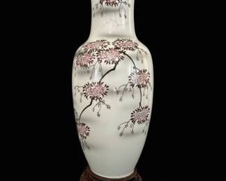 White Ceramic Vase with Pink Cherry Blossom Design and Wooden Stand