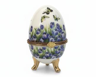 Porcelain Egg Trinket Box with Floral and Butterfly Motif
