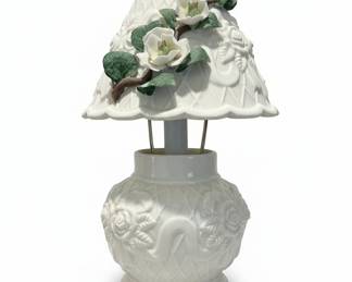 Vintage White Ceramic Urn Lamp with Raised Roses and Magnolia Shade Appliqués