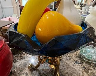 Murano Style Glass Fruit Sculpture with Cobalt Blue Geometric Bowl and Brass Legs