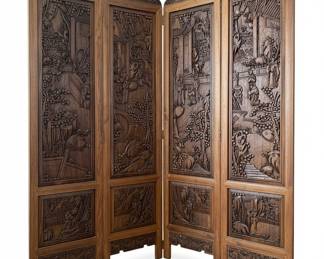 Four-Panel Carved Wood Screen