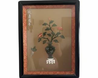 Chinese Carved Stone and Jade Floral Assemblage in Black Lacquer Frame