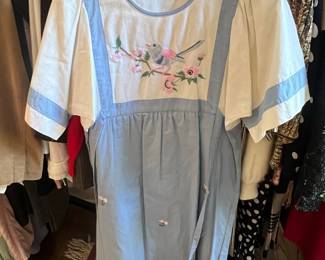 Vintage Blue and White Embroidered Bird and Floral Dress