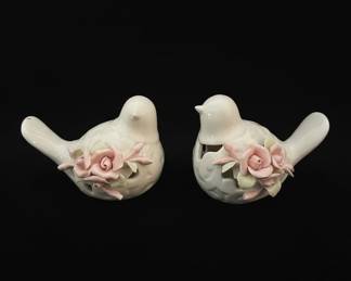 Pair of White Ceramic Birds with Pink Roses