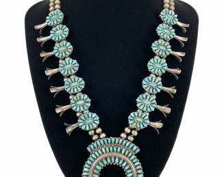 Navajo Sterling Silver Turquoise Squash Blossom Necklace by Victor Moses Begay (VMB)