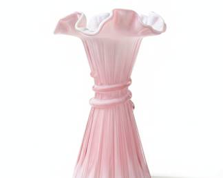 Pink and White Cased Glass Vase with Ruffled Rim and Applied Rope Detail
