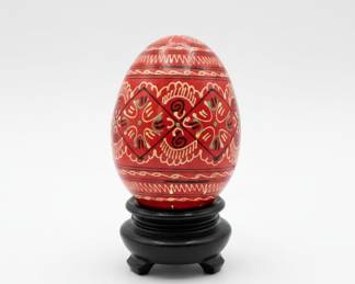 Hand-Painted Red Wooden Pysanky Egg with Stand