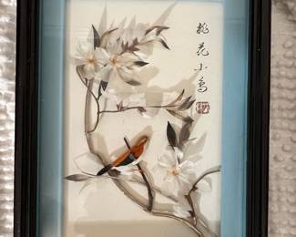 Framed Chinese Feather Art with Bird and Floral Motif