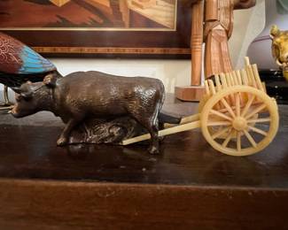 Bronze Bull and Plastic Cart Figurine