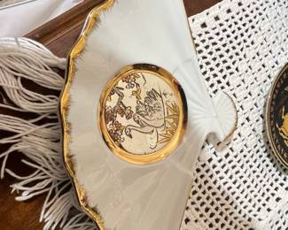 The Art of Chokin 24K Gold Edged Fan Dish with Swan Motif