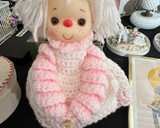 Vintage Kewpie Doll with Pink and White Crochet Dress