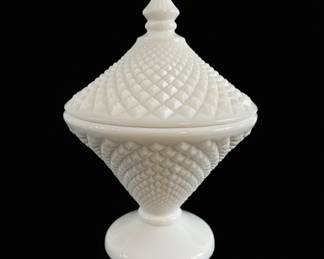 Westmoreland Diamond Quilted Milk Glass Covered Compote