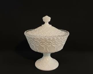 White Milk Glass "Paneled Grape" Pedestal Candy Dish with Lid