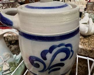 German Westerwald Salt Glazed Stoneware Pitcher with Blue Floral Motif