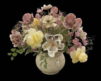 Seashell and Wax Flower Arrangement in Ceramic Vase