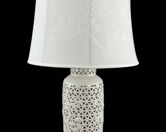 Blanc de Chine Reticulated Porcelain Table Lamp with Cherry Blossom Shade