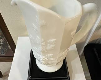 Milk Glass Pitcher with Grapes and Leaves Relief