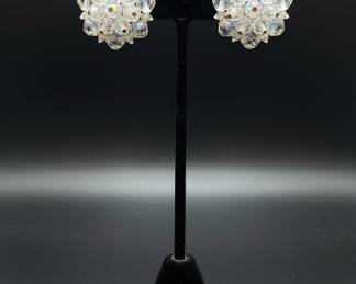 Vintage Aurora Borealis Crystal Bead Cluster Clip-On Earrings
