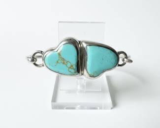 Sterling Silver and Turquoise Heart Bangle Bracelet - Mexican Artisan