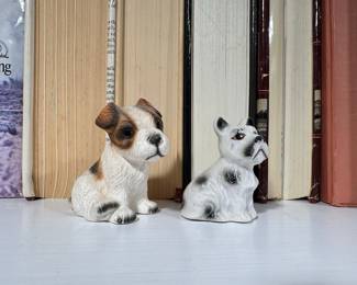 Vintage Ceramic Dog Figurines (Terrier and French Bulldog) and Girl with Goose Figurine