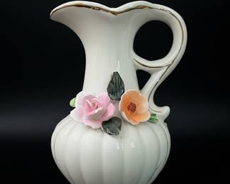 Vintage Lefton Ceramic Pitcher with Applied Flowers