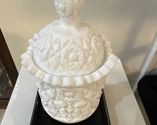 White Milk Glass Hobnail Covered Candy Dish and Vase
