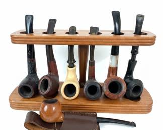 Assorted Tobacco Pipes with Wooden Stand and Leather Pouch