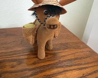 Vintage Flocked Donkey Figurine with Straw Hat and Baskets