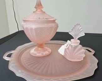 Pink Frosted Glass Vanity Set with Tray, Candy Dish, and Perfume Bottle